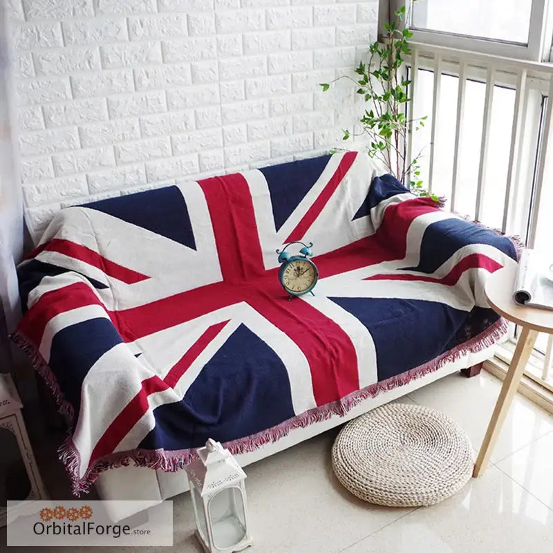 British & USA Flag Knitted Cotton Sofa Blanket - Warm 130x180cm Throws for Home Office Travel & Car - United Kingdom