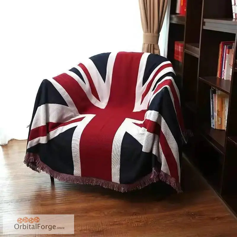 British & USA Flag Knitted Cotton Sofa Blanket - Warm 130x180cm Throws for Home Office Travel & Car