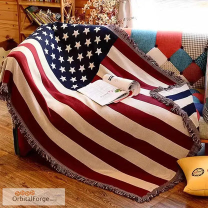 British & USA Flag Knitted Cotton Sofa Blanket - Warm 130x180cm Throws for Home Office Travel & Car