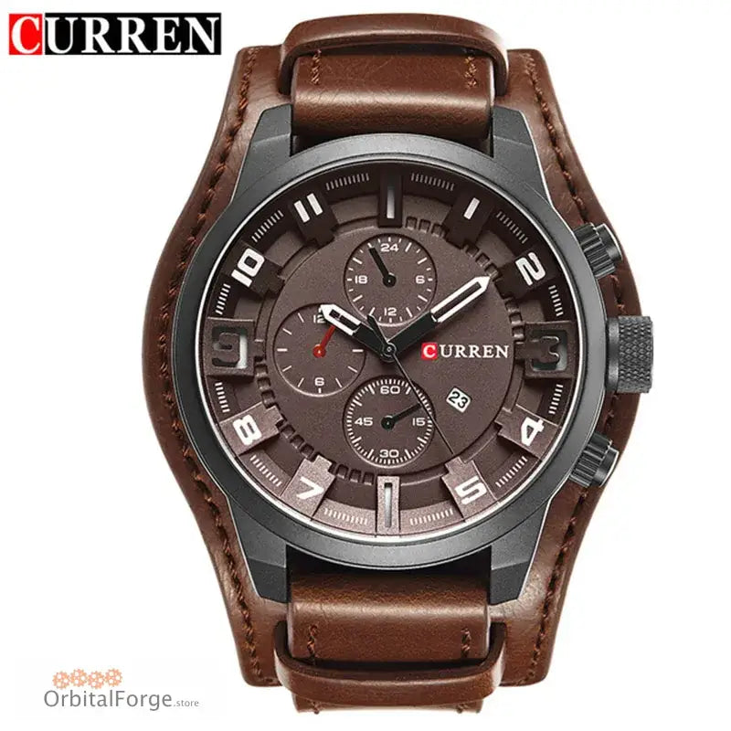 Brown leather strap chronograph watch with dark grey metallic case and brown dial.