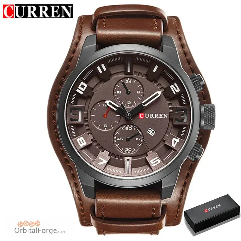 Brown leather chronograph watch with a dark metallic case and matching brown dial.