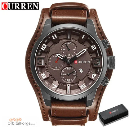 Brown leather chronograph watch with a dark metallic case and matching brown dial.