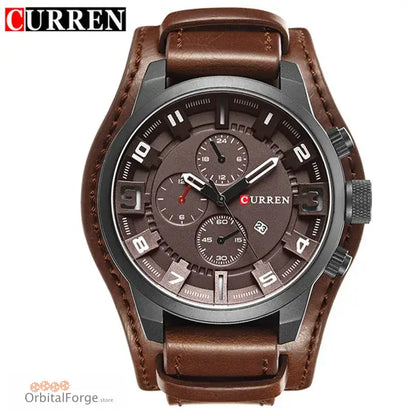 Brown leather strap chronograph watch with dark grey dial and gunmetal case by Curren.