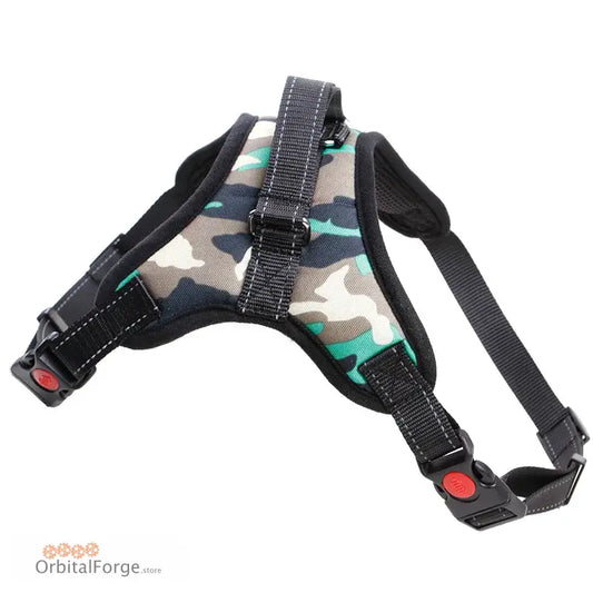 Dog harness with a camouflage pattern and black straps.