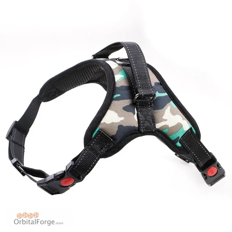 Dog harness with camouflage pattern and black straps.