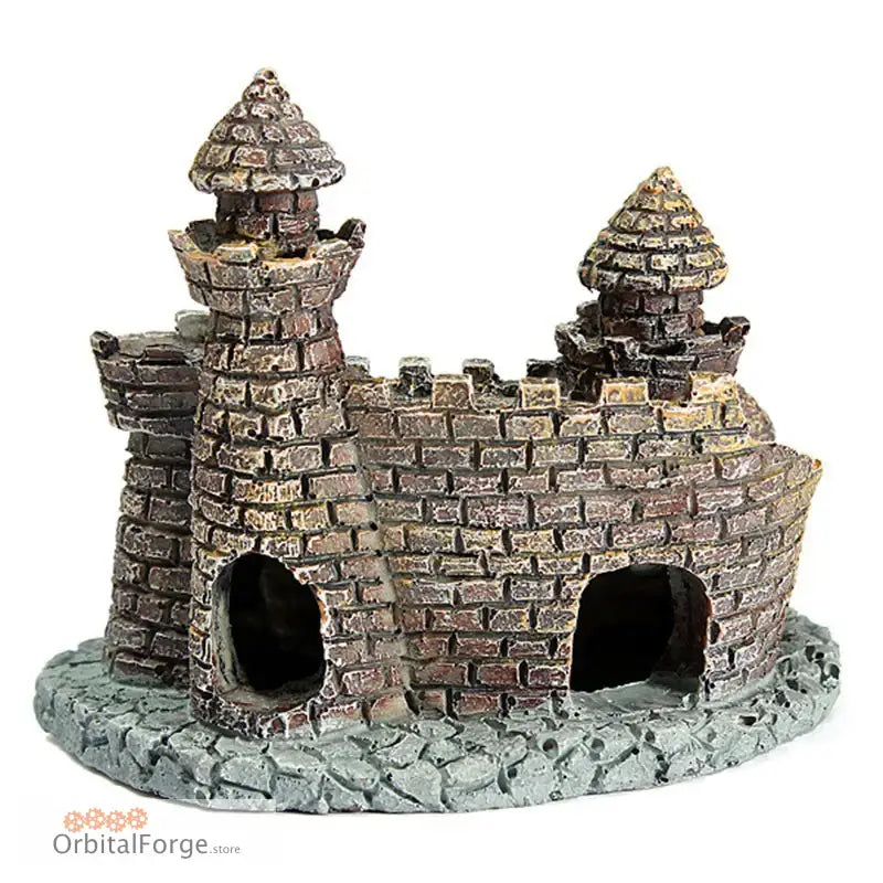 Stone castle ornament with two turrets and archway openings.