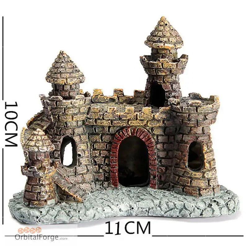 Medieval stone castle decoration with turrets and arched doorways.