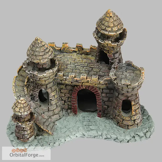 Stone castle turret aquarium decor with multiple turrets and an arched entrance