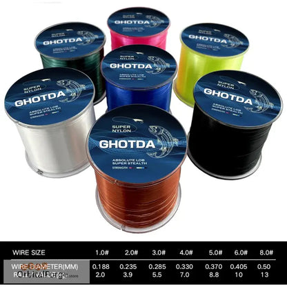 Spools of Ghotda nylon fishing line in various colors with specifications below