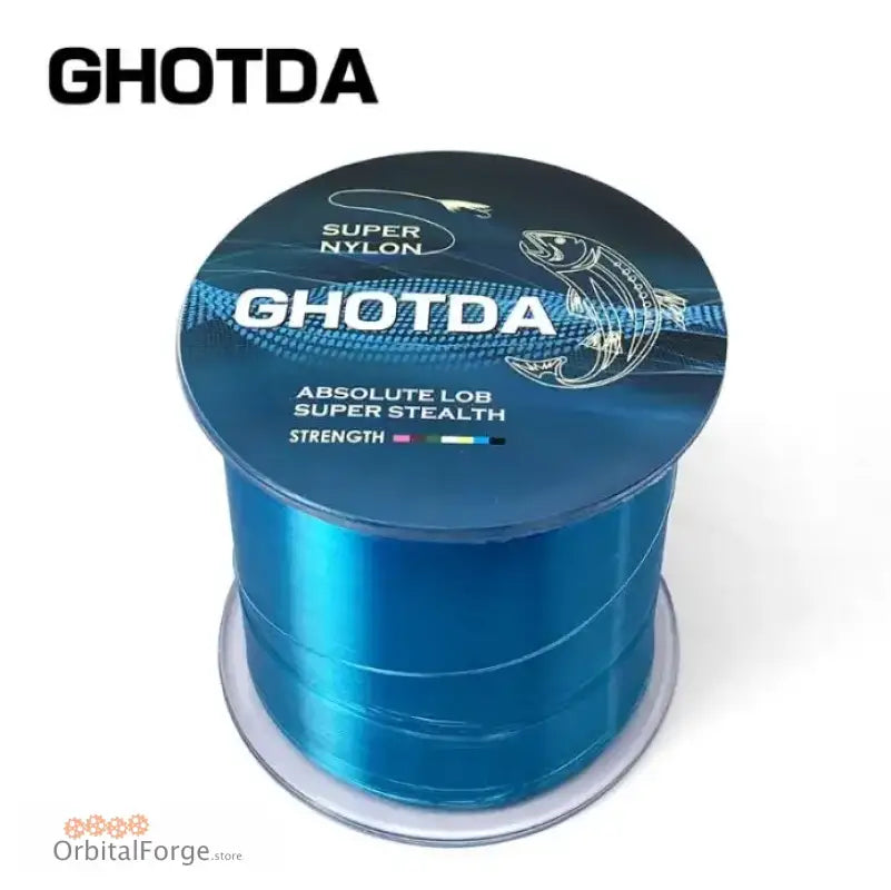 Blue GHOTDA fishing line spool with fish logo for durable nylon fishing line performance