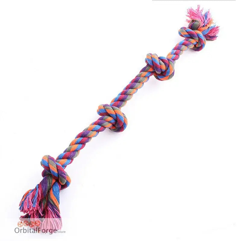 Knotted rope dog toy in pink and blue braided colors.