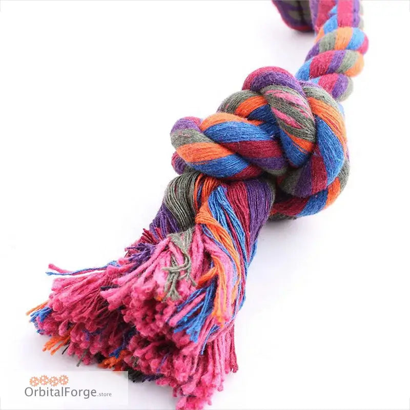 Colorful braided rope toy with frayed tassels at one end and a knot in the middle.