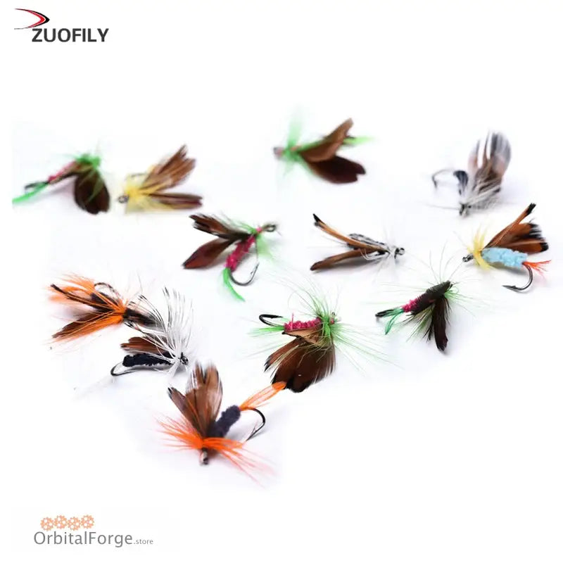 Collection of colorful fishing flies with feathers and hooks.