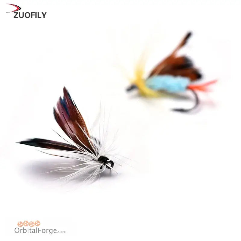 Artificial fishing flies with feathers and hooks for fly fishing.