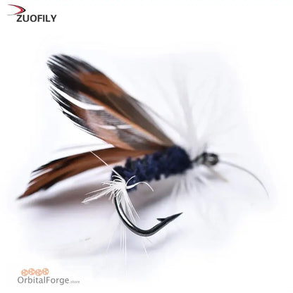 Fishing fly with brown wings, dark blue body, and curved hook.