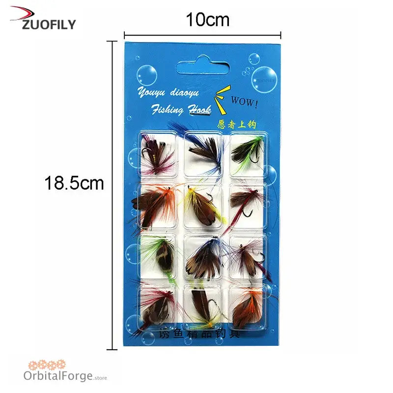 Set of 12 fishing flies displayed on a blue retail card.