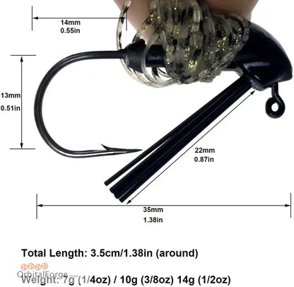 Fishing jig featuring black skirt and sparkly green head for largemouth bass fishing