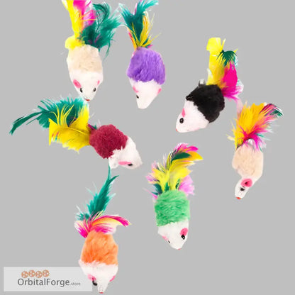 Colorful plush mouse toys for cats and small dogs with bright feathered plumes