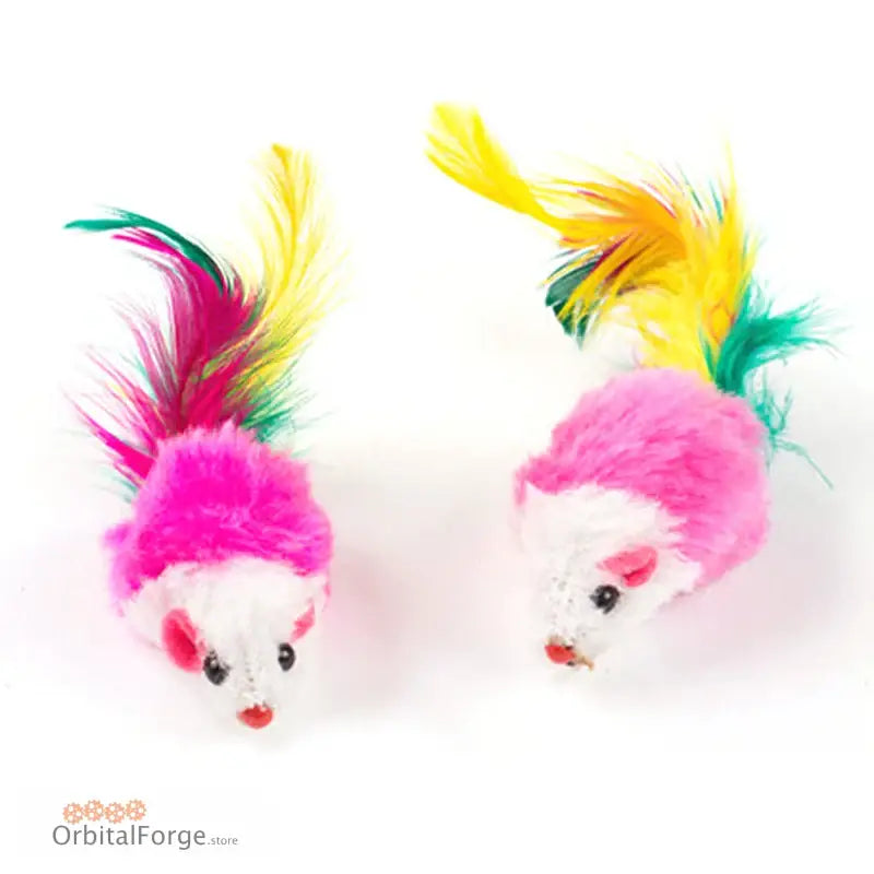 Pink and white toy mice with colorful feather plumes.