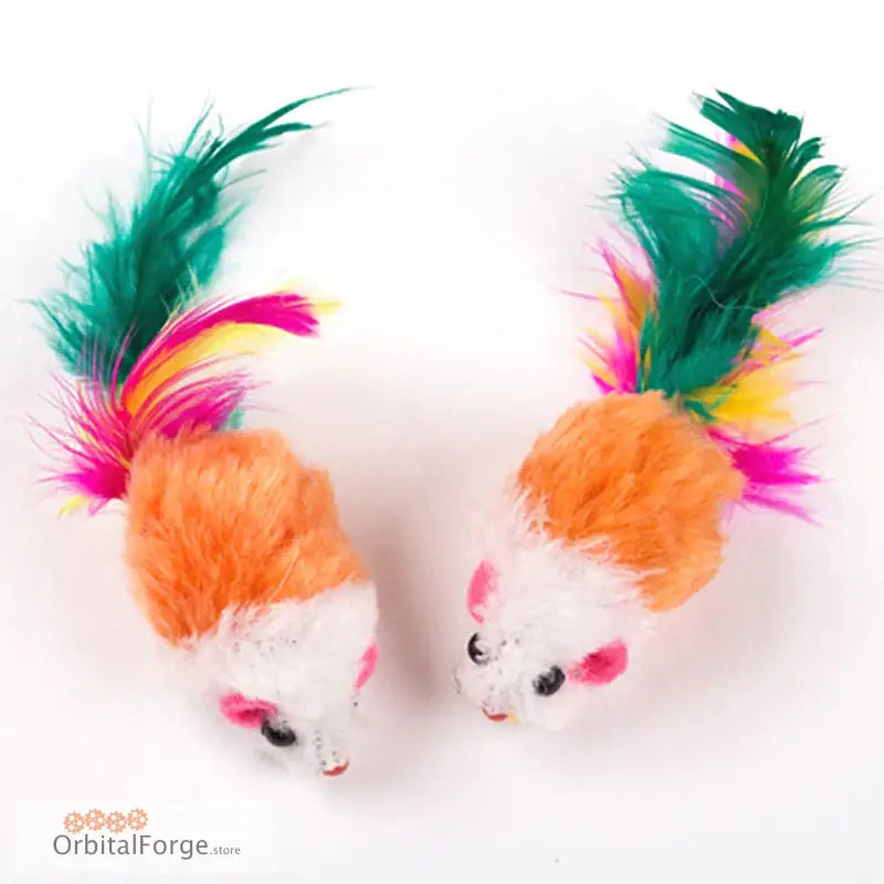 Two colorful feathered mouse toys with orange, pink, white and green plumes.