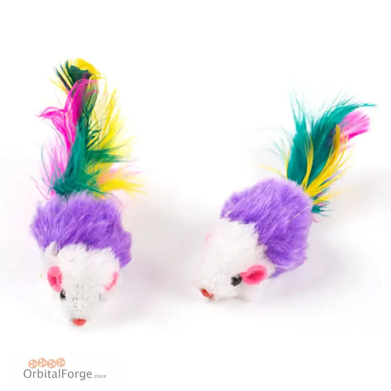 Two colorful toy mice with purple fur and bright feathers.