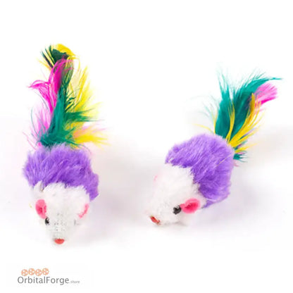 Two colorful toy mice with purple fur and bright feathers.