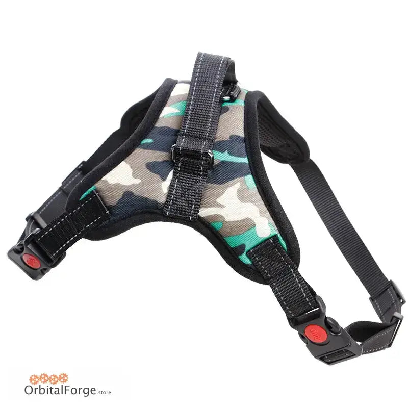 Camouflage-patterned heavy-duty nylon dog harness with black straps and red buckle clips