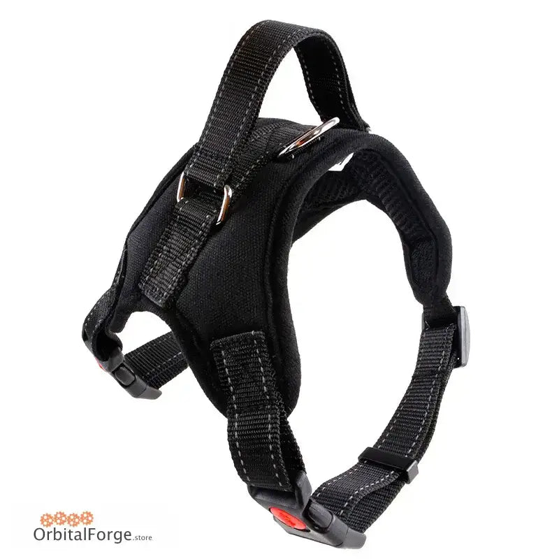 Black adjustable nylon dog harness with heavy-duty straps and buckles for all dog sizes