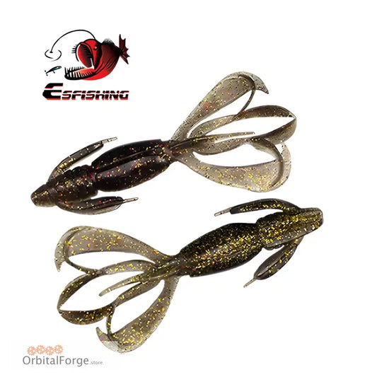 Soft plastic fishing lures shaped like crawfish in brown and gold glittery colors.