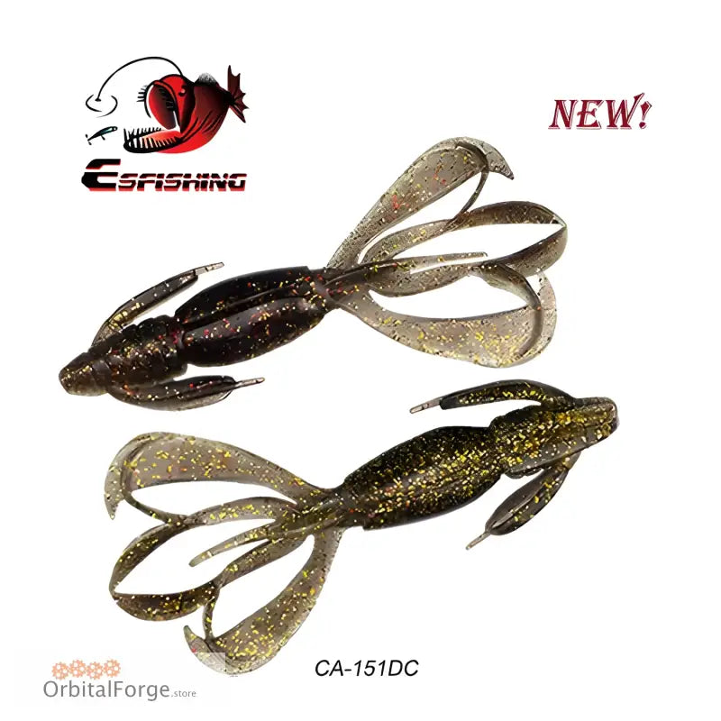 Soft plastic fishing lures shaped like crawfish in brown and gold colors with curled claws and tails.