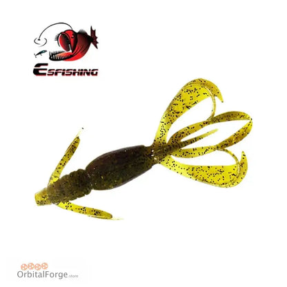 Yellow and black soft plastic fishing lure shaped like a crawfish.