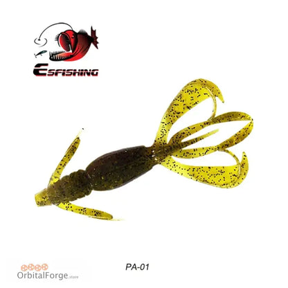 Yellow and black soft plastic fishing lure shaped like a crawfish.