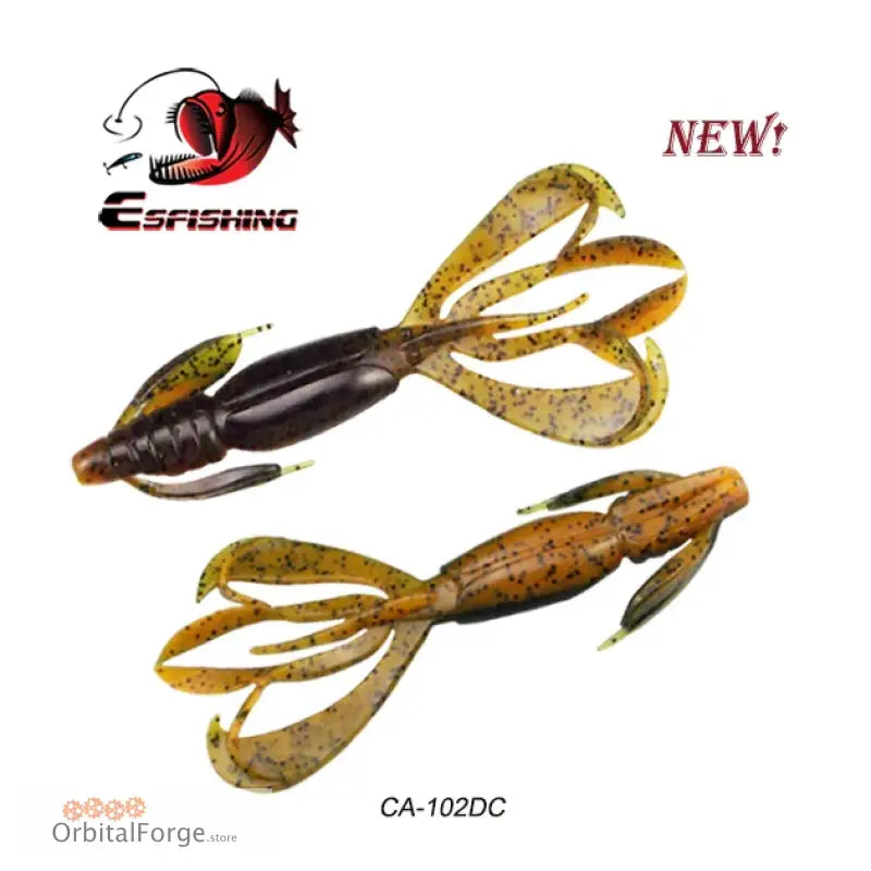 Soft plastic fishing lure with claw-like appendages in brown and gold colors.