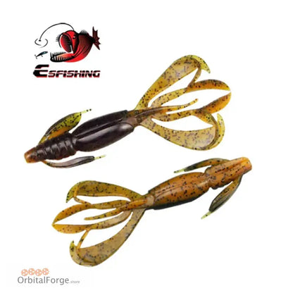 Soft plastic fishing lures shaped like crawfish in brown and yellow colors.