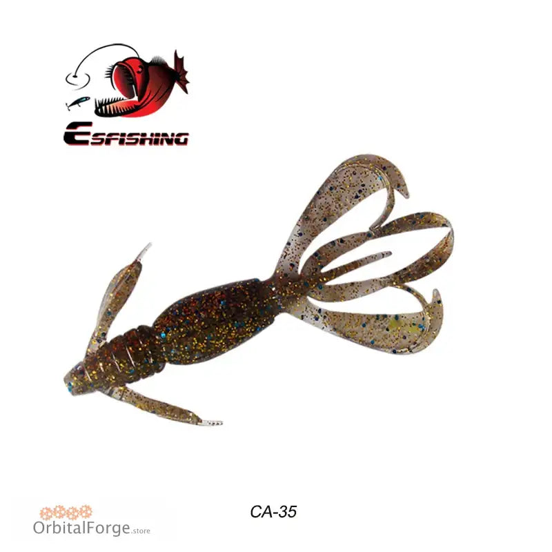 Brown plastic fishing lure shaped like a crawfish with curled appendages.