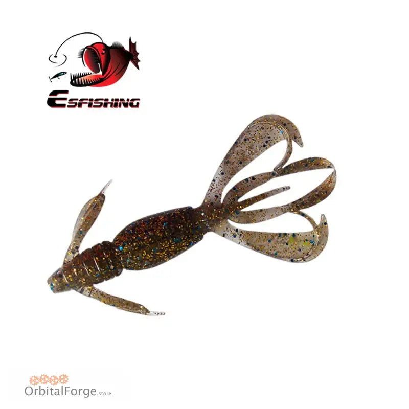 Brown plastic fishing lure shaped like a crawfish with sparkly flecks.