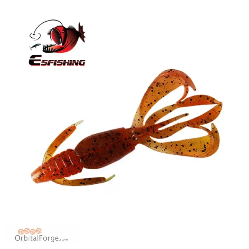 Orange and brown soft plastic fishing lure shaped like a crawfish.