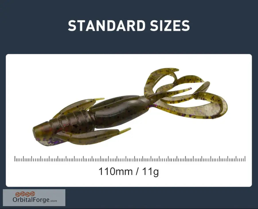 Dark brown soft plastic fishing lure shaped like a crawfish with curled tail appendages.