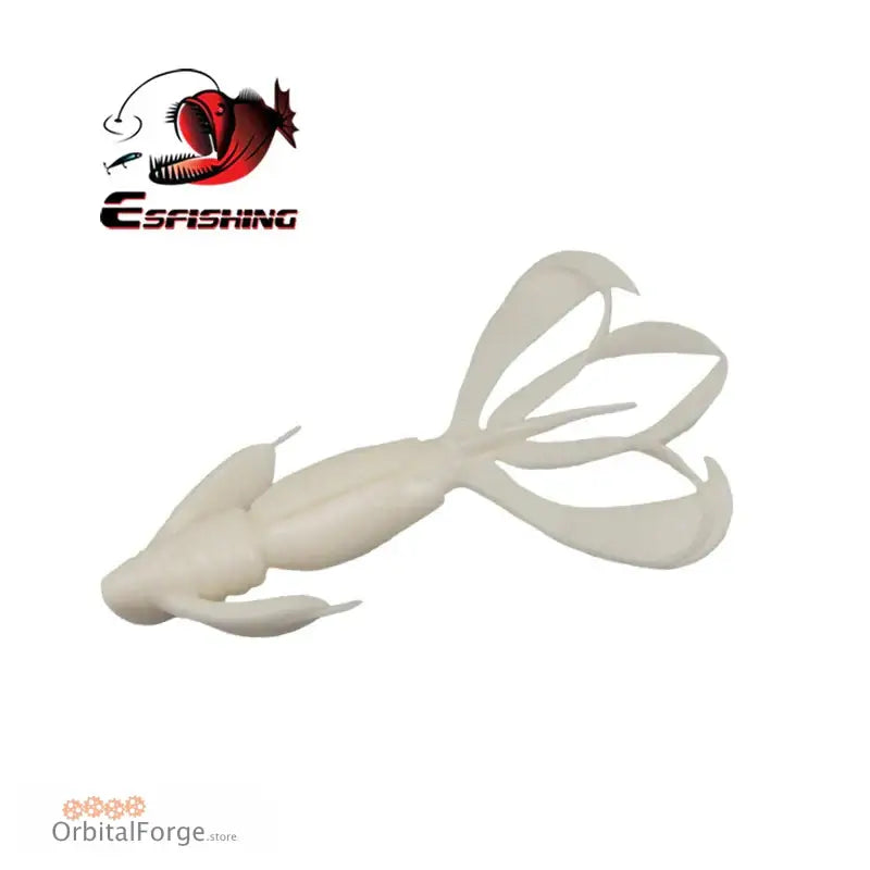 White soft plastic fishing lure shaped like a crawfish with curled tail flaps.