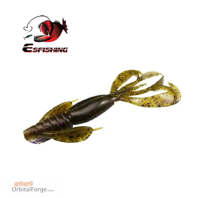 Soft plastic fishing lure with a dark body and olive-colored claws or appendages.