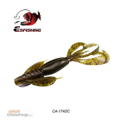 Dark-bodied soft plastic fishing lure with olive-colored appendages.