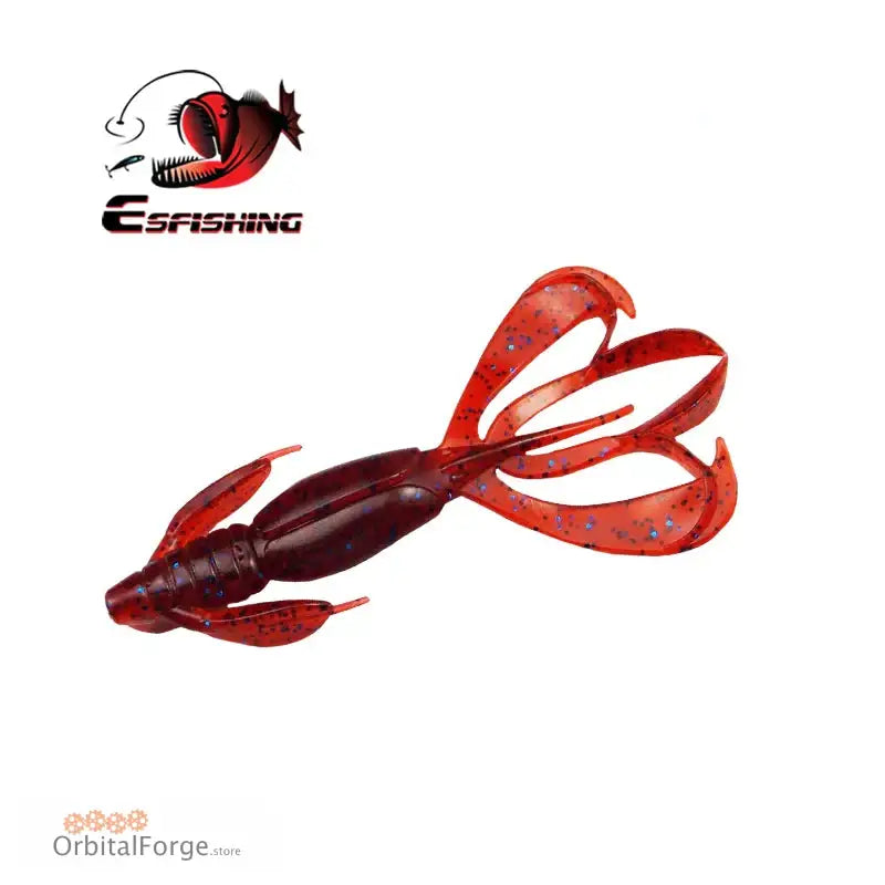 Red and burgundy soft plastic fishing lure with curled ribbon-like appendages.