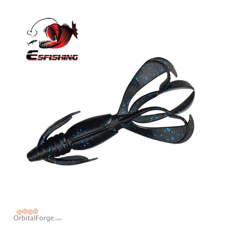 Black soft plastic fishing lure with curled appendages and blue flecks.