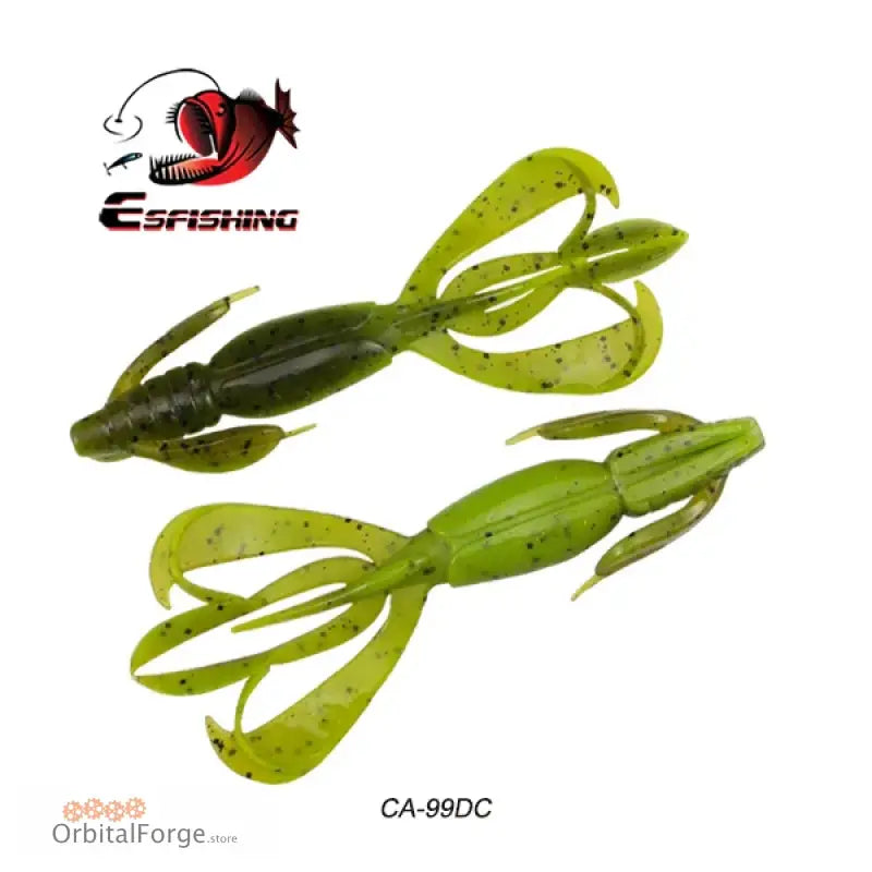 Two green and black soft plastic fishing lures with multiple appendages.