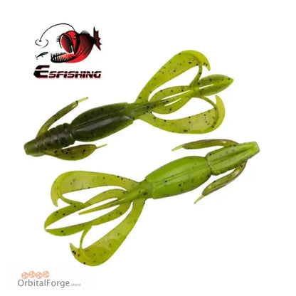 Two green and black soft plastic fishing lures with multiple appendages.