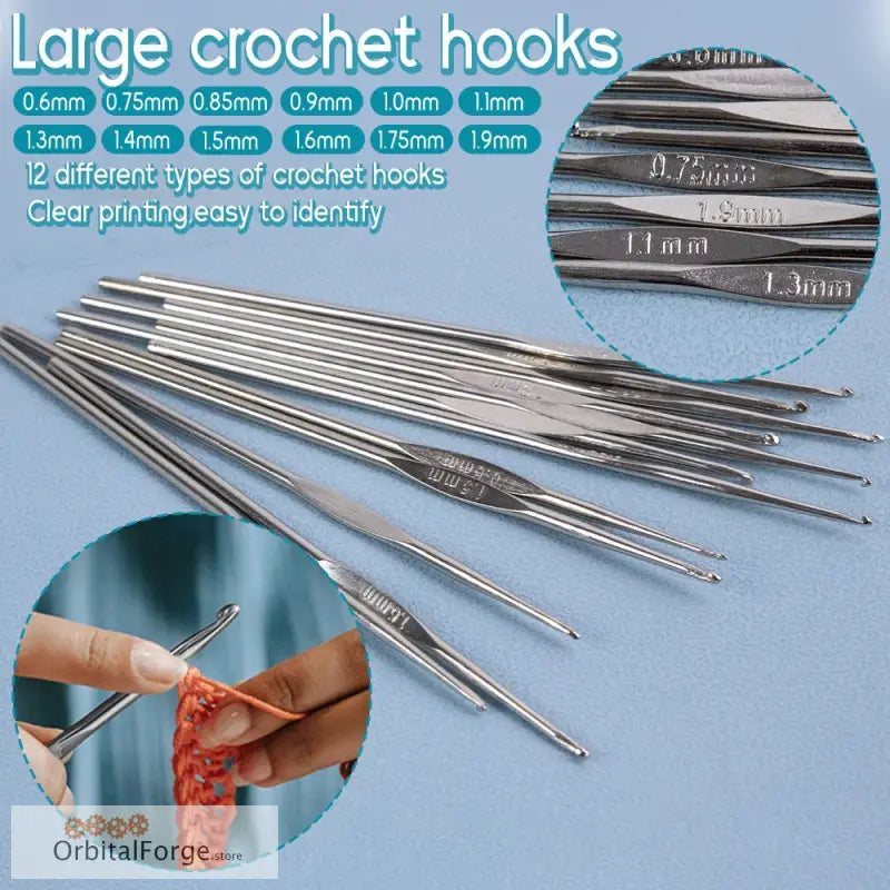 Set of metal crochet hooks.