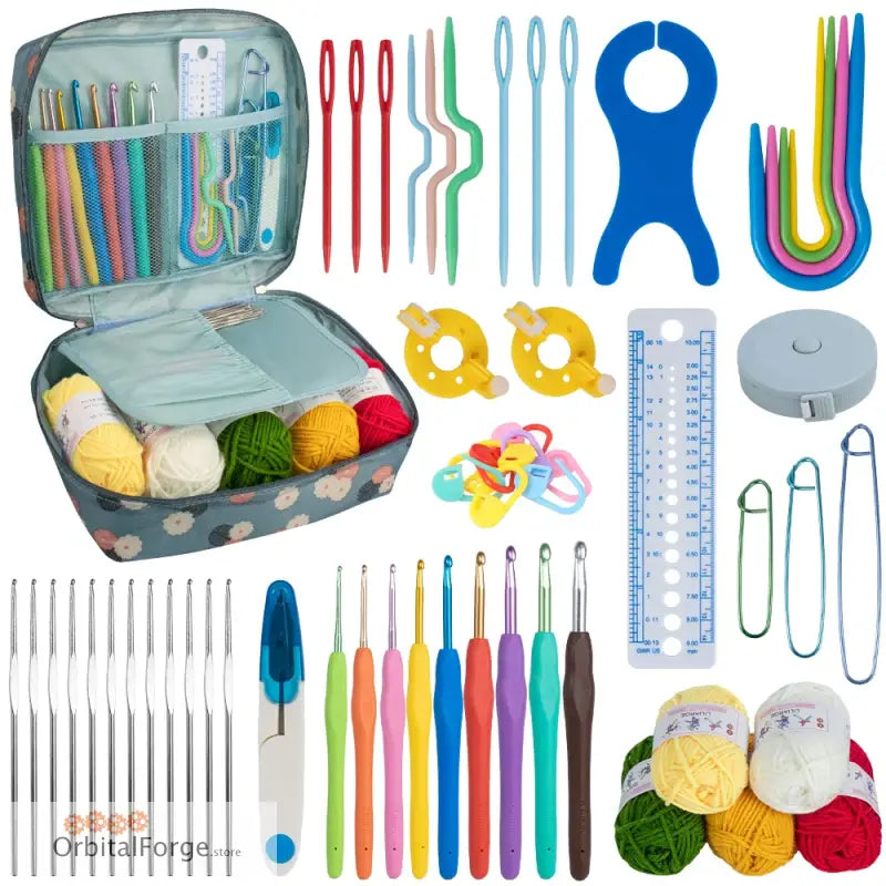 Crochet kit with hooks, yarn, and accessories.