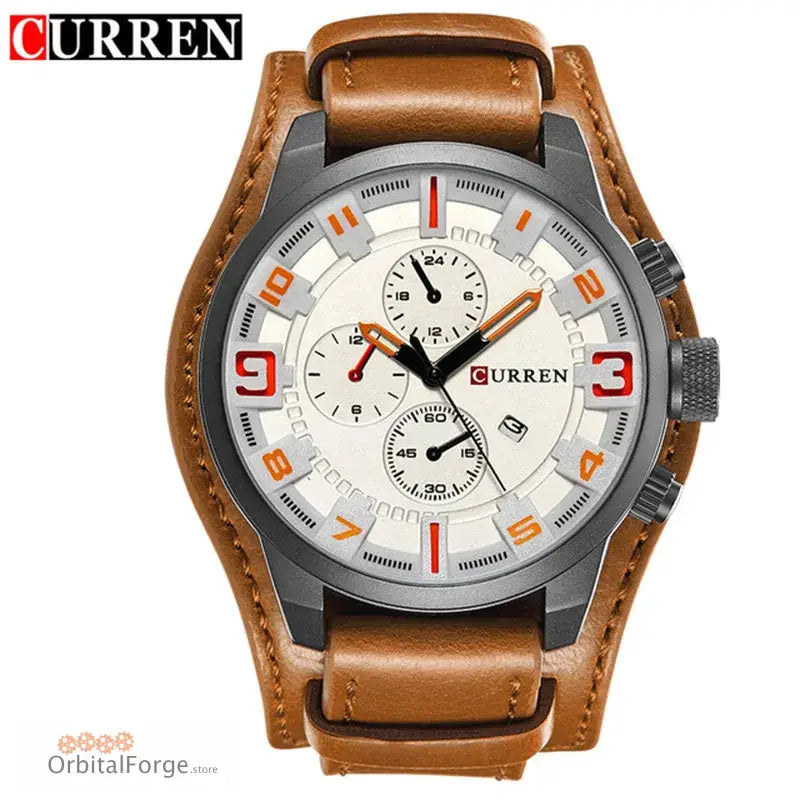 Curren brand wristwatch with a brown leather strap and white chronograph dial.