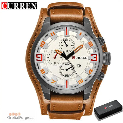 Curren brand wristwatch with a brown leather strap, white dial, and black case.