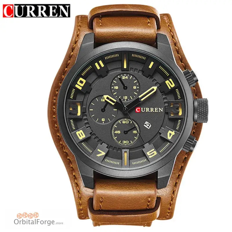 CURREN brand wristwatch with a black dial, yellow accents, and brown leather strap.